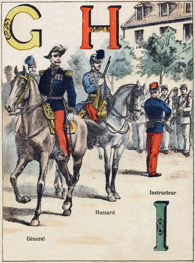 Letters G H I: Generaal, Huzaar en Instructeur. Gravure in 