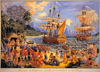 Jean Francois Galaup de Laperouse verwelkomd door de inwoners van Mawee Eiland in de Sandwich Eilanden in de Stille Oceaan (kleur litho) door G. Delcausse