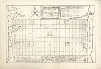 Het eerste plan voor Philadelphia, bedacht door William Penn en Thomas Holme in 1682, 1684 door G. Drogenham