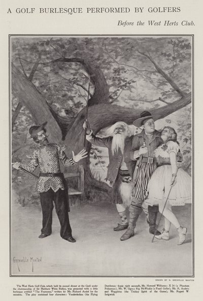 Een golfburlesque uitgevoerd door golfers tijdens het jaarlijkse diner van de West Herts Club (litho) door G. Grenville Manton