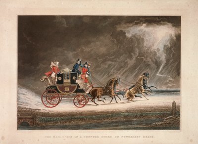 De postkoets in een onweersbui op Newmarket Heath, Suffolk, 1827 door G Reeves