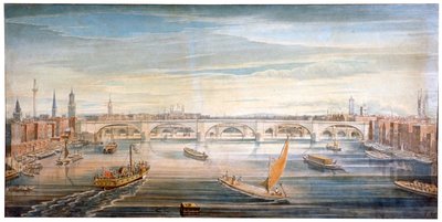 Uitzicht op de nieuwe London Bridge vanuit het westen, met boten en schuiten op de Theems, 1831 door G Yates