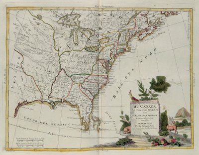 Canada, de Engelse koloniën met Louisiana en Florida, gravure door G. Zuliani uit Tome I van de Nieuwste Atlas gepubliceerd in Venetië in 1778 door Antonio Zatta, Privécollectie door G. Zuliani