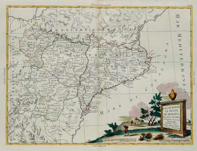 Catalonië, de koninkrijken Aragon en Alta Navarra, gravure door G. Zuliani uit Tome I van de Nieuwste Atlas gepubliceerd in Venetië in 1775 door Antonio Zatta, Privécollectie door G. Zuliani