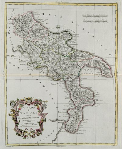 Koninkrijk Napels verdeeld in zijn provincies, gravure door G. Zuliani uit Tome II van de "Nieuwste Atlas" gepubliceerd in Venetië in 1781 door Antonio Zatta, Privécollectie door G. Zuliani