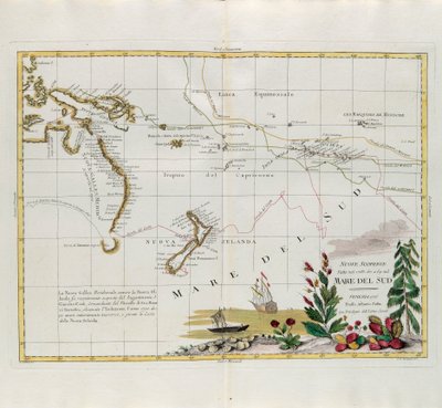 Nieuwe ontdekkingen gedaan in 1775, 67 en 69 in de Zuidzee, gravure door G. Zuliani uit Tome I van de Nieuwste Atlas gepubliceerd in Venetië in 1776 door Antonio Zatta, Privécollectie door G. Zuliani