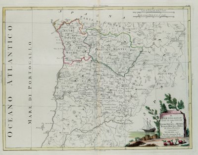 Portugal, dat zijn de provincies Entre Douro, Minho, Traz-os-Montes en Beir, gravure door G. Zuliani uit Tome I van de Nieuwste Atlas gepubliceerd in Venetië in 1776 door Antonio Zatta, Privécollectie door G. Zuliani