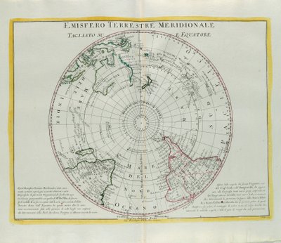 Zuidelijk halfrond van de aarde gesneden op de evenaar, gravure door G. Zuliani uit Tome I van de Nieuwste Atlas gepubliceerd in Venetië in 1779 door Antonio Zatta door G. Zuliani