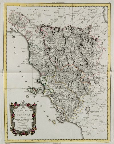 Het Groothertogdom Toscane verdeeld in zijn provincies, gravure door G. Zuliani uit Tome II van de "Nieuwste Atlas" gepubliceerd in Venetië in 1783 door Antonio Zatta, Privécollectie door G. Zuliani