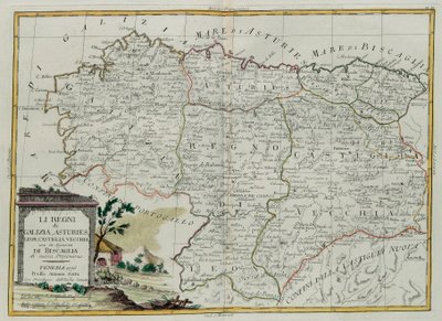 De koninkrijken Galicië, Asturië, Leon, Castilla Vieja met de Raad van Biscallia, gravure door G. Zuliani uit Tome I van de Nieuwste Atlas gepubliceerd in Venetië in 1776 door Antonio Zatta, Privécollectie door G. Zuliani