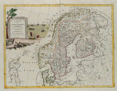 De koninkrijken Zweden, Denemarken en Noorwegen, gravure door G. Zuliani uit Tome III van de "Nieuwste Atlas" gepubliceerd in Venetië in 1781 door Antonio Zatta, Privécollectie door G. Zuliani