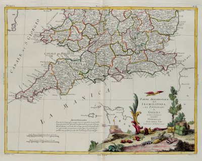 Het zuidelijke deel van Engeland en het prinsdom Wales, gravure door G. Zuliani uit Tome I van de Nieuwste Atlas gepubliceerd in Venetië in 1778 door Antonio Zatta, Privécollectie door G. Zuliani