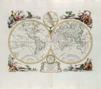 Wereldkaart en een algemene beschrijving van de globe, gravure door G. Zuliani uit Tome I van de Nieuwste Atlas gepubliceerd in Venetië in 1774 door Antonio Zatta door G. Zuliani