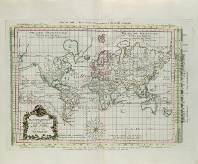 Wereldkaart en een algemene beschrijving van de wereld, gravure door G. Zuliani uit Tome I van de "Nieuwste Atlas" gepubliceerd in Venetië in 1774 door Antonio Zatta door G. Zuliani