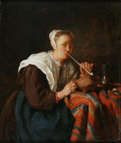 Een vrouw zittend met een pijp door Gabriel (after) Metsu