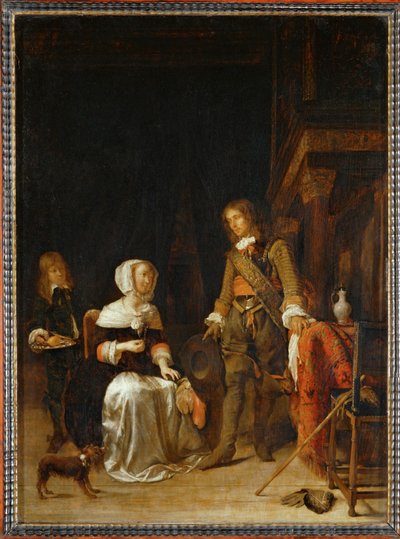 Een soldaat bezoekt een jonge vrouw ... door Gabriel (attr. to) Metsu