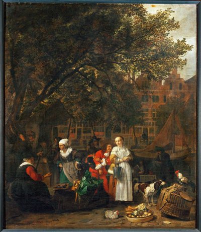 Groentenmarkt in Amsterdam, Nederland ... door Gabriel (attr. to) Metsu