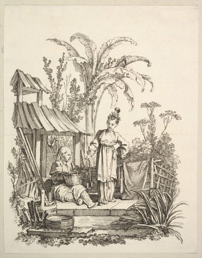 Een zittende Chinese man en een vrouw die een vis draagt, ca. 1742 door Gabriel Huquier