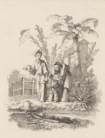 Twee Vrouwen Leiden een Kind naar een Theepot op een Tafel bij een Vijver, ca. 1742 door Gabriel Huquier
