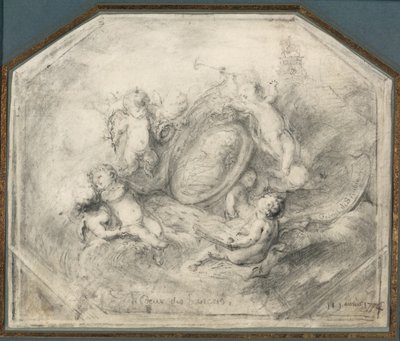 Een portretmedaillon van koning Lodewijk XV omringd door putti die de attributen van roem en geschiedenis dragen door Gabriel Jacques de Saint Aubin