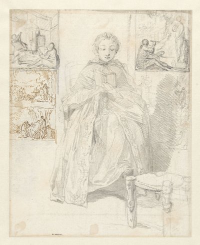 Studieblad met een lezende vrouw en enkele schetsen door Gabriel Jacques de Saint Aubin