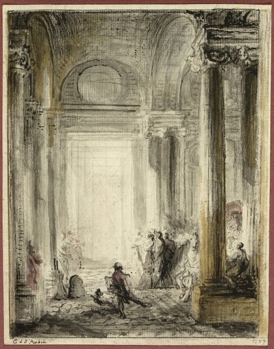 De Ingang van de Academie voor Architectuur in het Louvre door Gabriel Jacques de Saint Aubin