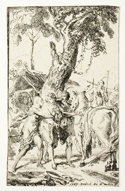 De ontsnapping van M. de Belle-Isle, gevangene in de Attakapas, plaat vier uit Les Nouveaux Voyages aux Indes Occidentales door Gabriel Jacques de Saint Aubin