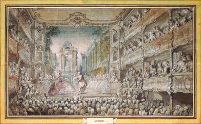 De uitvoering van Armida in de oude zaal van het operahuis, na 1761 door Gabriel Jacques de Saint Aubin