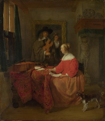Een vrouw zittend aan een tafel en een man die een viool stemt, c. 1657-1658 door Gabriel Metsu