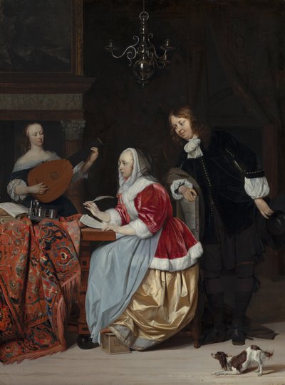 Een Jonge Vrouw die een Muziekstuk Componeert door Gabriel Metsu