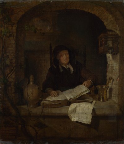 Een oude vrouw met een boek, ca. 1660 door Gabriel Metsu