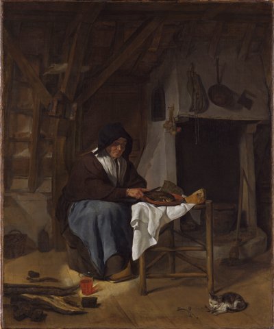 Oude vrouw bij haar maaltijd in een interieur door Gabriel Metsu