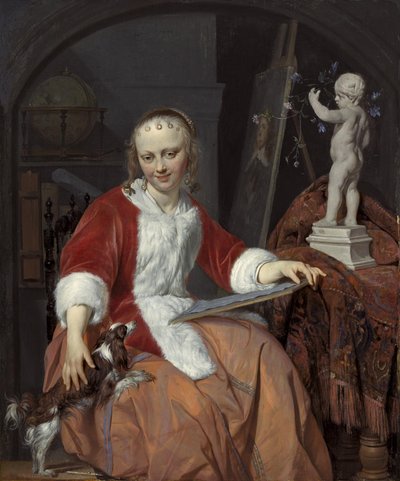 Portret van Isabella de Wolff (....-1718) als kunstenares door Gabriel Metsu