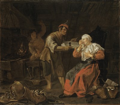 Huilende vrouw in een smederij, ca. 1650 door Gabriel Metsu