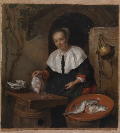 Vrouw die vis schoonmaakt door Gabriel Metsu