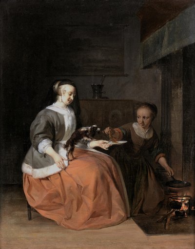 Jonge vrouw en dienstmeisje voeren een pannenkoek aan een hond door Gabriel Metsu