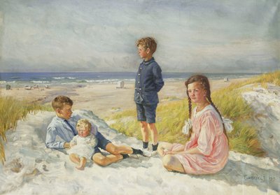 Erik, Else, Ove en Birthe Schultz op een Strand door Gabriel Oluf Jensen