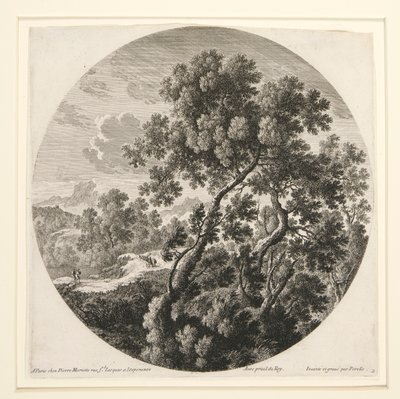 Landschap met twee reizigers en een kasteel; en herder, schapen en vee in een landschap, uit een set van zes landschappen door Gabriel Perelle