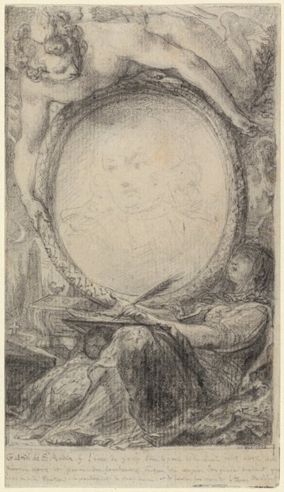 Allegorische lijst met een schrijvende genie en een gesluierde vrouw, ca. 1769 (zwart krijt op papier) door Gabriel de Saint-Aubin