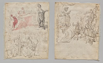 Theaterscène (recto); Lingeriewinkel en Gesprek (verso) door Gabriel de Saint Aubin