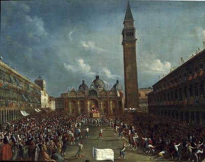 Processie van de doge en gelduitdeling aan burgers op het San Marcoplein door Gabriele Bella