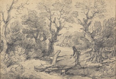 Landschap met figuur op een voetbrug door Gainsborough Dupont