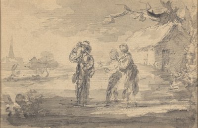 Landschap met drie figuren, huisje en kerktoren door Gainsborough Dupont