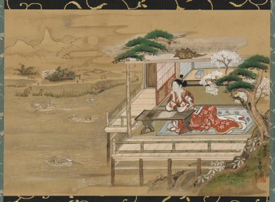 Murasaki Shikibu componeert het Verhaal van Genji in Ishiyamadera, Edo-periode, 19e eeuw door Gakutei
