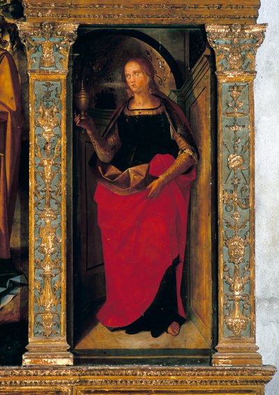 Polyptiek met de Geboorte met zijpanelen met heiligen Petrus, Paulus, Clemens en Magdalena (detail) door Galeazzo and Aleni Tommaso fl.1505 15) Campi