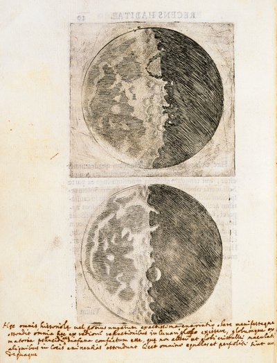 Sidereus Nuncius (Sterrenbode) met tekeningen van de fasen en het oppervlak van de Maan door Galileo Galilei