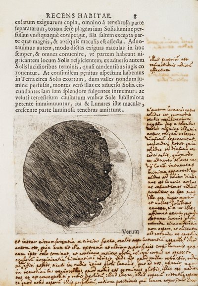 Sidereus Nuncius (Sterrenboodschapper) met tekeningen van de fasen en het oppervlak van de Maan door Galileo Galilei