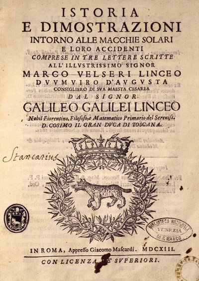 Titelpagina van Geschiedenis en demonstraties over zonnevlekken en hun eigenschappen door Galileo Galilei