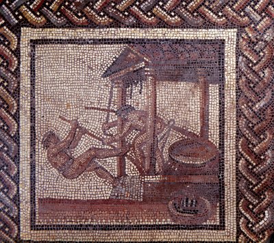 Gallisch-Romeinse kunst: mozaïekvloer die een rustieke kalender voorstelt. Een olijfpers. Eind 2e, begin 3e eeuw na Christus. Uit Saint-Romain-en-Gal (Rhone). Saint Germain en Laye, Nationaal Museum voor Archeologie door Gallo Roman
