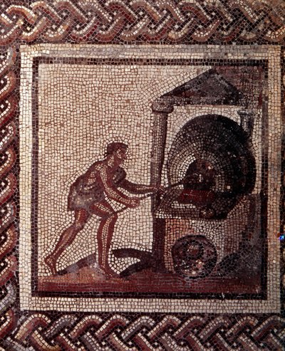 Gallo-Romeinse kunst: mozaïekbestrating die een rustieke kalender voorstelt. Brood bakken scène. Eind 2e, begin 3e eeuw na Christus. Uit Saint-Romain-en-Gal (Rhone). Saint Germain en Laye, Nationaal Archeologisch Museum door Gallo Roman